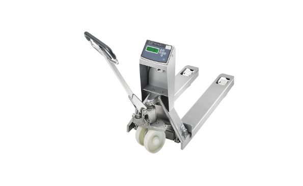 Stainless steel pallet truck with precision scale with standard display, multi-range scale