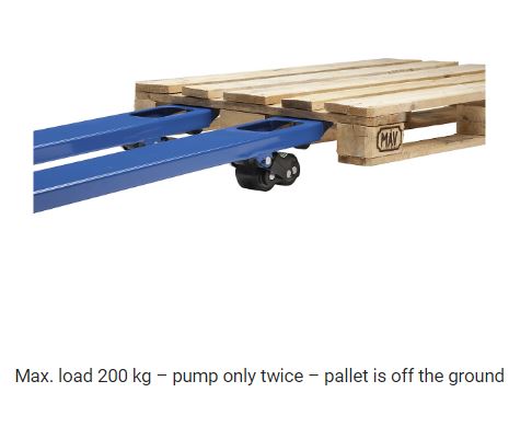 EUROKRAFTpro – Pallet truck nylon fork rollers tandem, with transport and parking brake