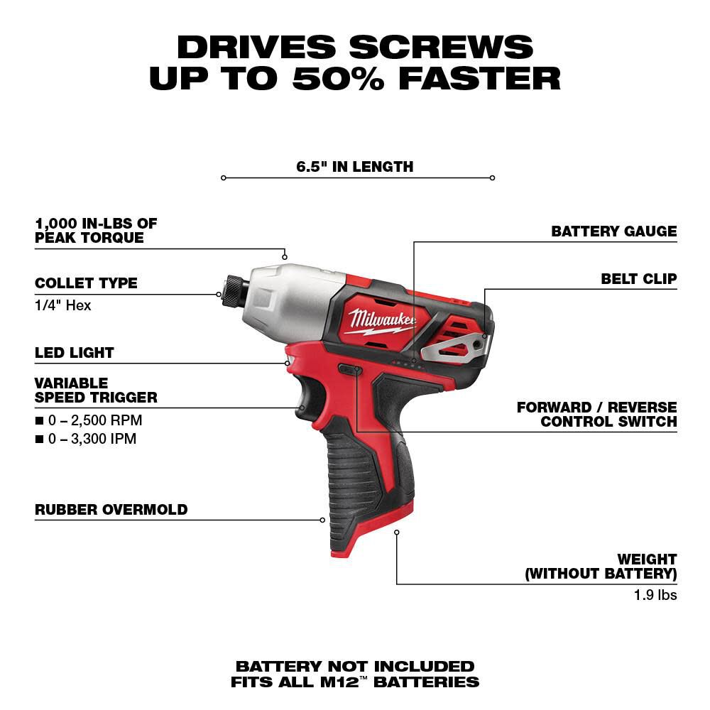 DRL-MILWAUKEE-USA M12™ ¼” Hex Impact Driver (Bare tool)
