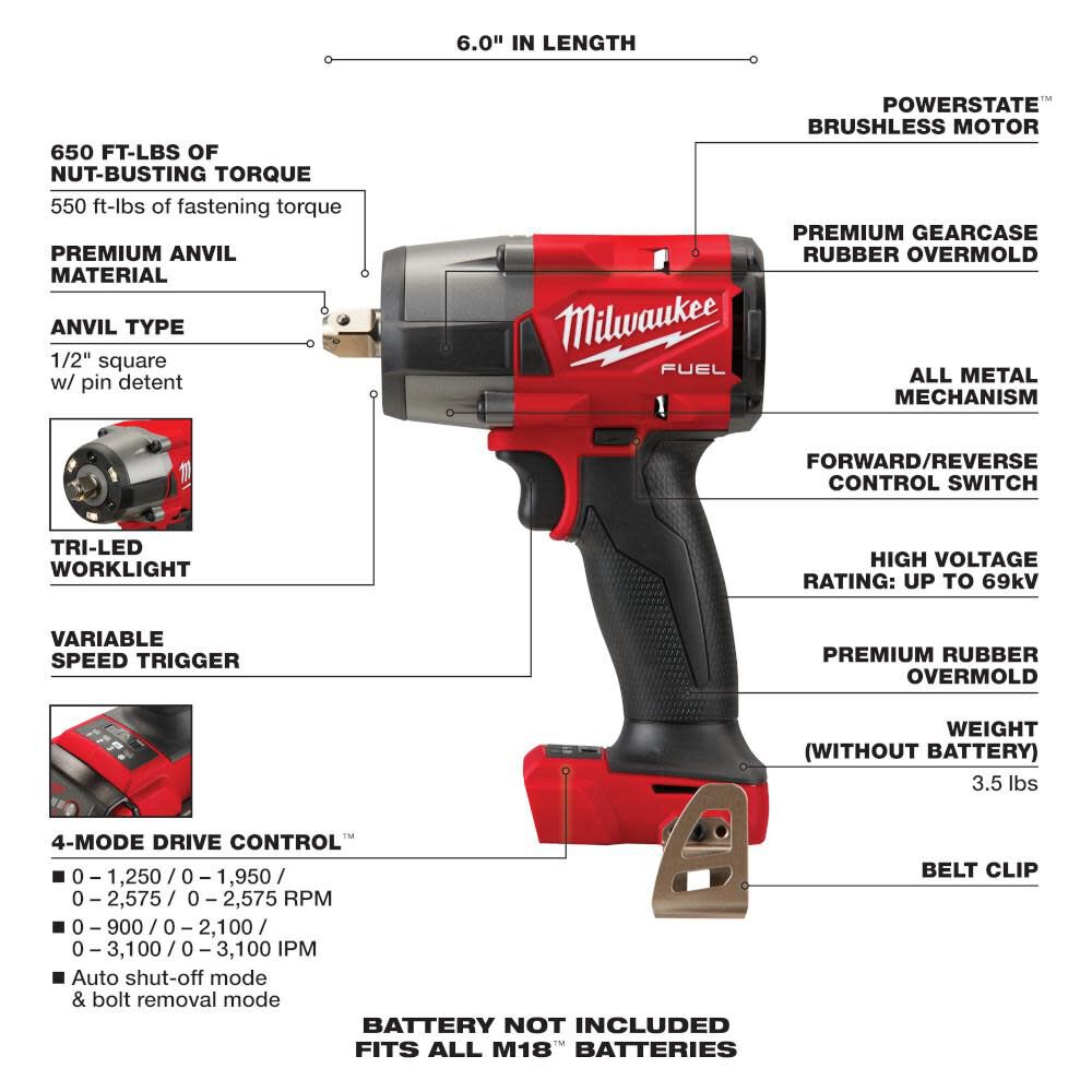 DRL-MILWAUKEE-USA M18 FUEL™ 1/2 " Mid-Torque Impact Wrench Pin Detent
