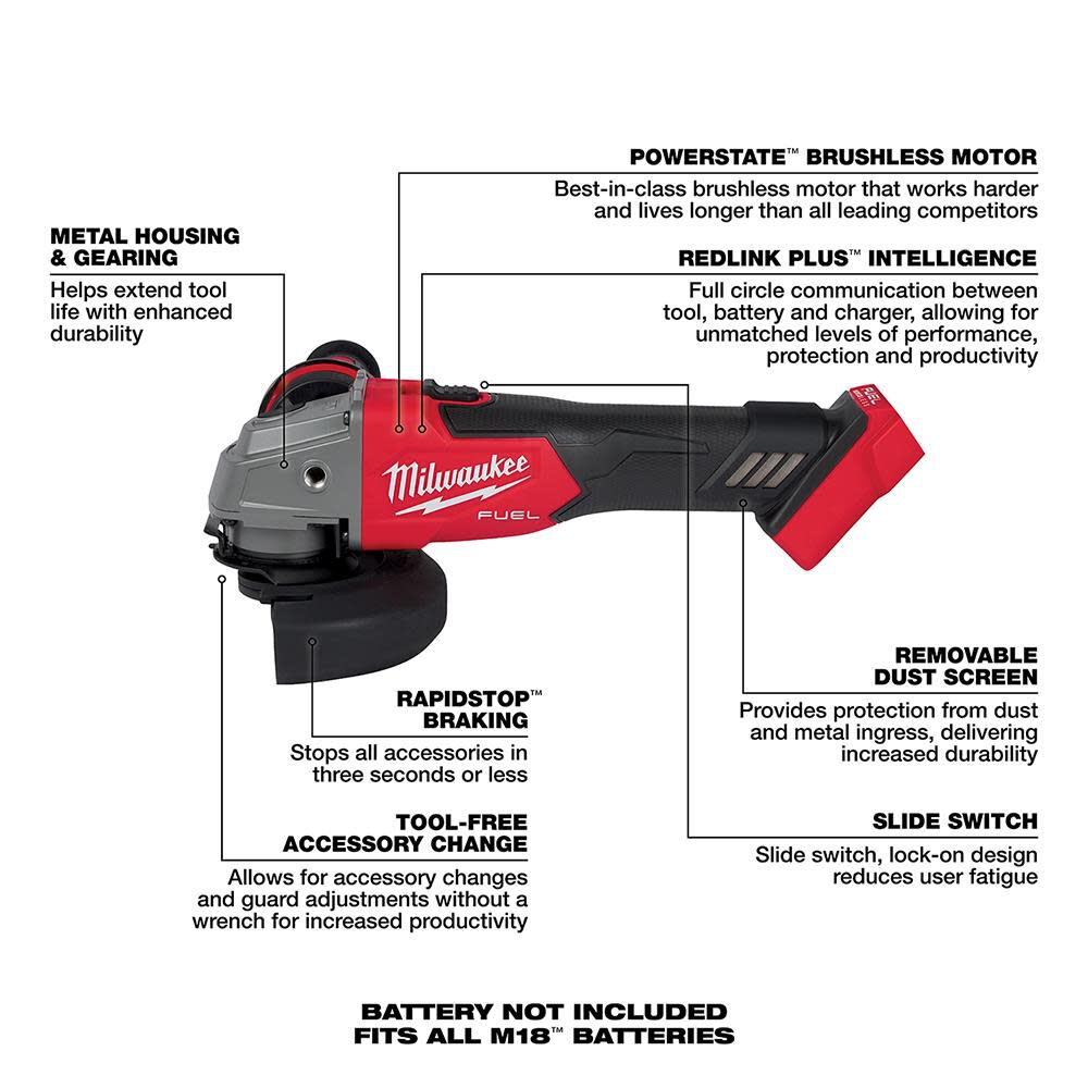 SAW-MILWAUKEE-USA M18 FUEL™ 4-1/2" / 5" Braking Grinder Slide Switch, Lock-On (Bare tool)