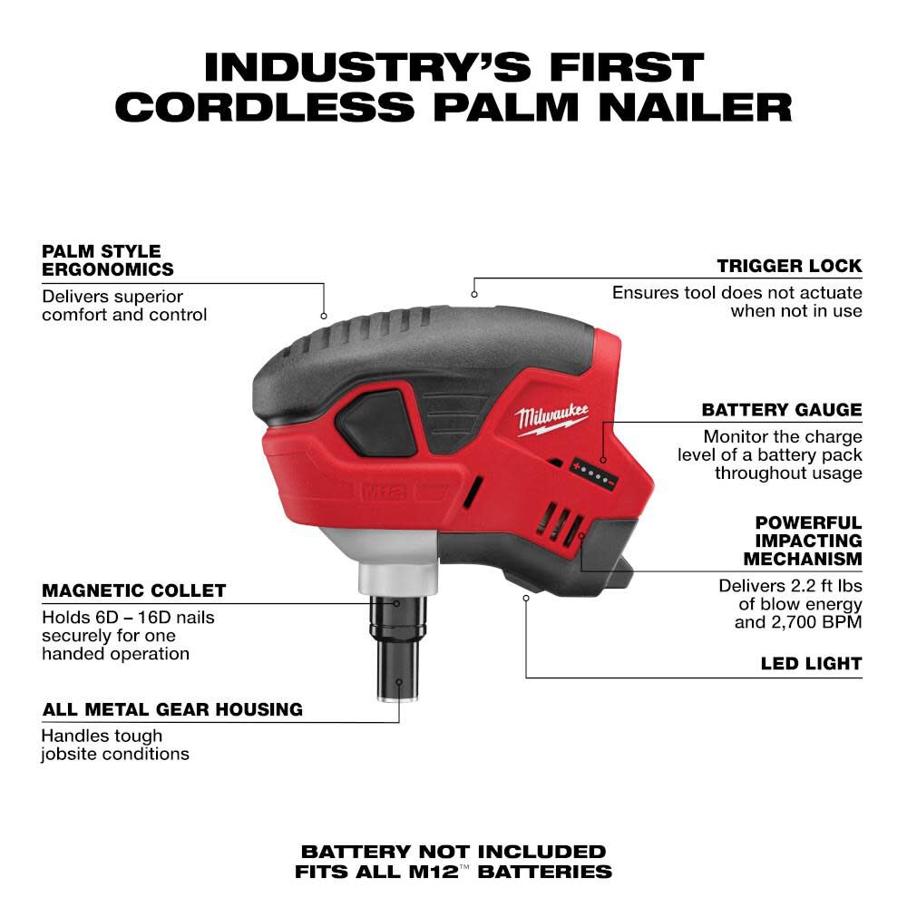 OTE-MILWAUKEE-USA M12™ Cordless Palm Nailer (Bare tool)