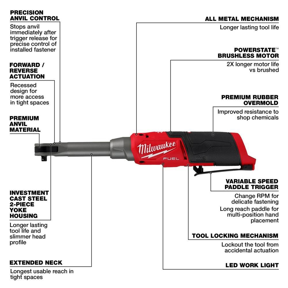 DRL-MILWAUKEE-USA M12 FUEL™ 1/4" Extended Reach High Speed Ratchet (Bare tool)