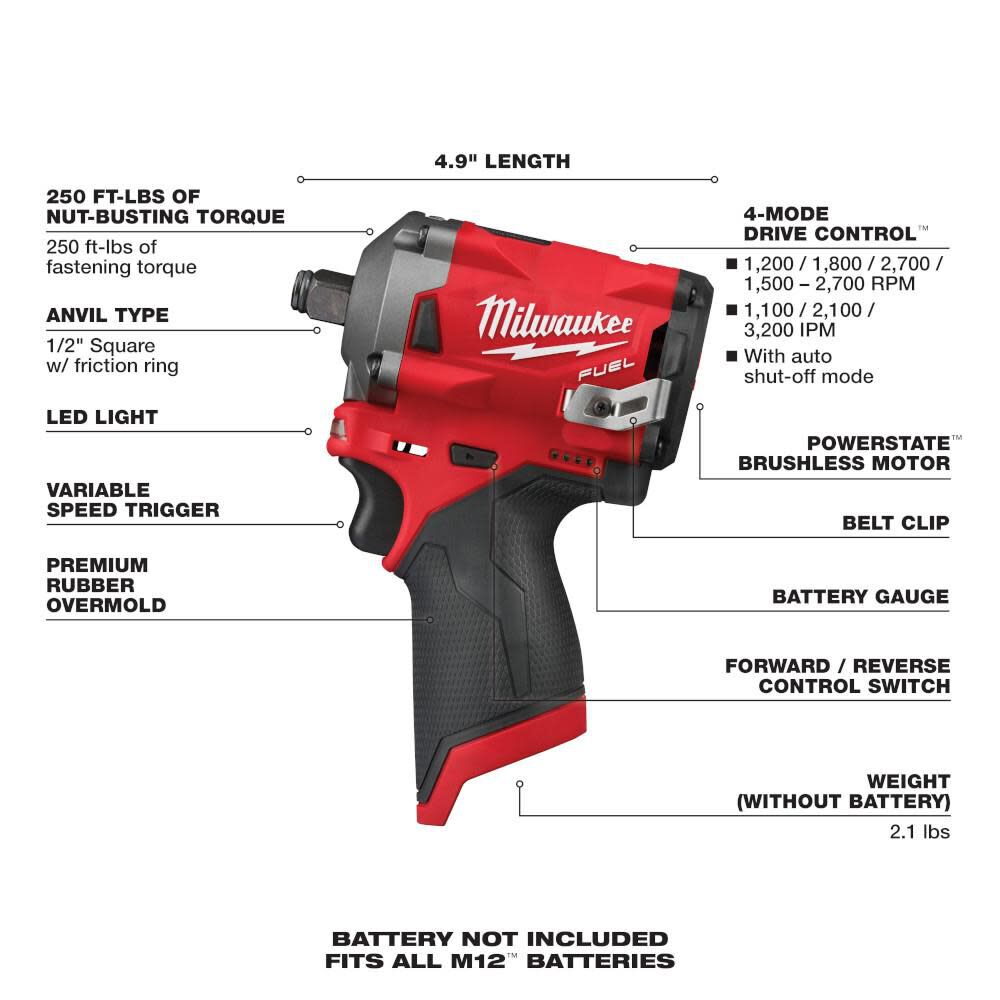 DRL-MILWAUKEE-USA M12 FUEL™ 1/2" Stubby Impact Wrench (Bare tool)