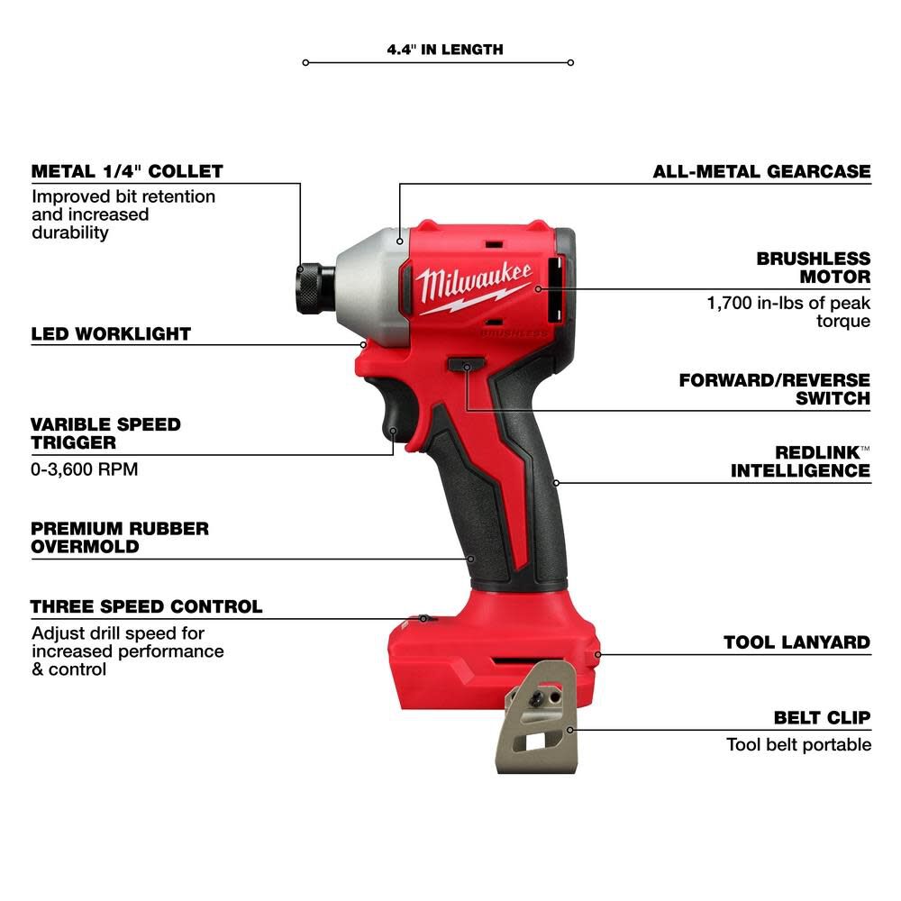 DRL-MILWAUKEE-USA M18™ Compact Brushless 1/4" Hex 3-Speed Impact Driver (Bare tool)