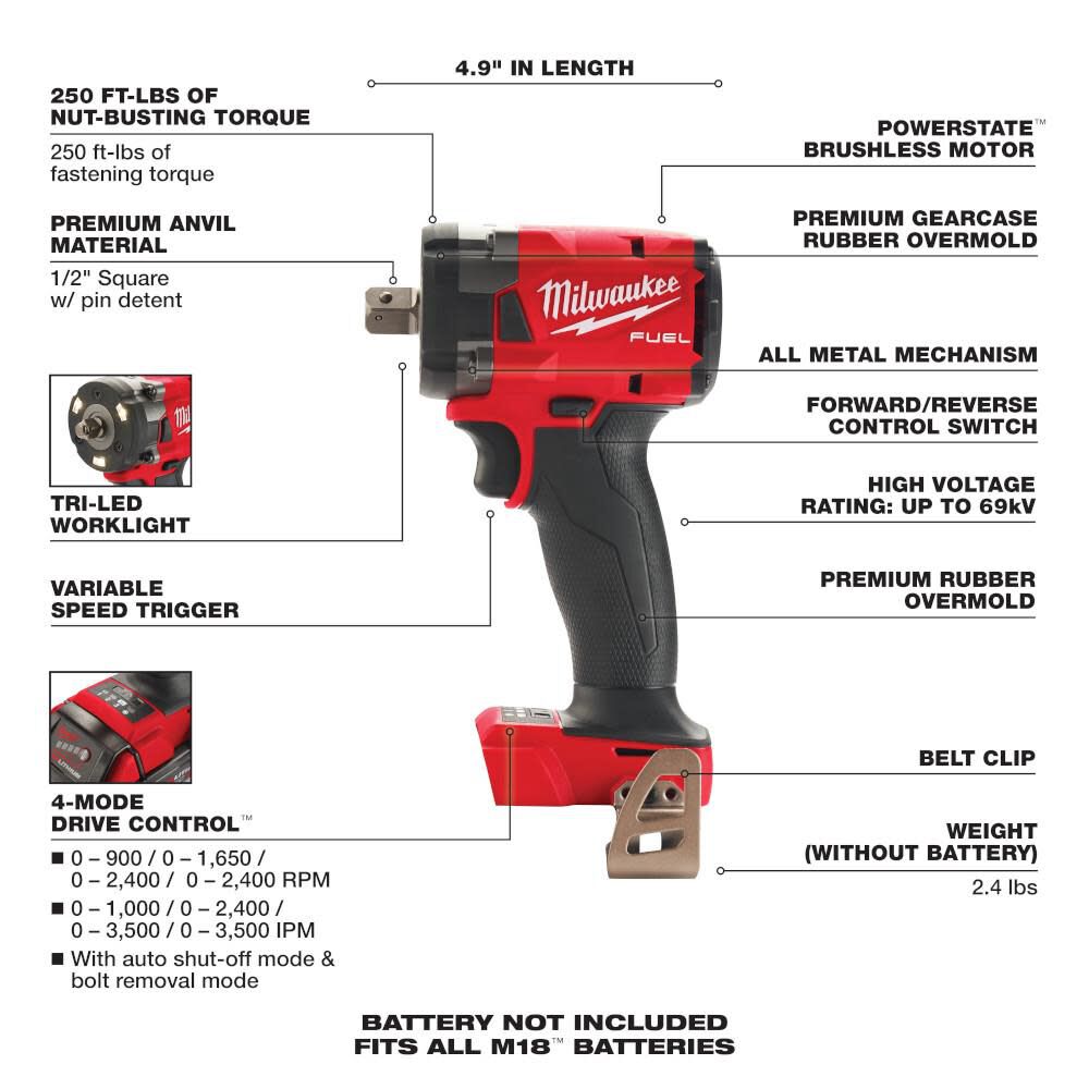 DRL-MILWAUKEE-USA M18 FUEL™ 1/2 " Compact Impact Wrench w/ Pin Detent Bare Tool (Bare tool)