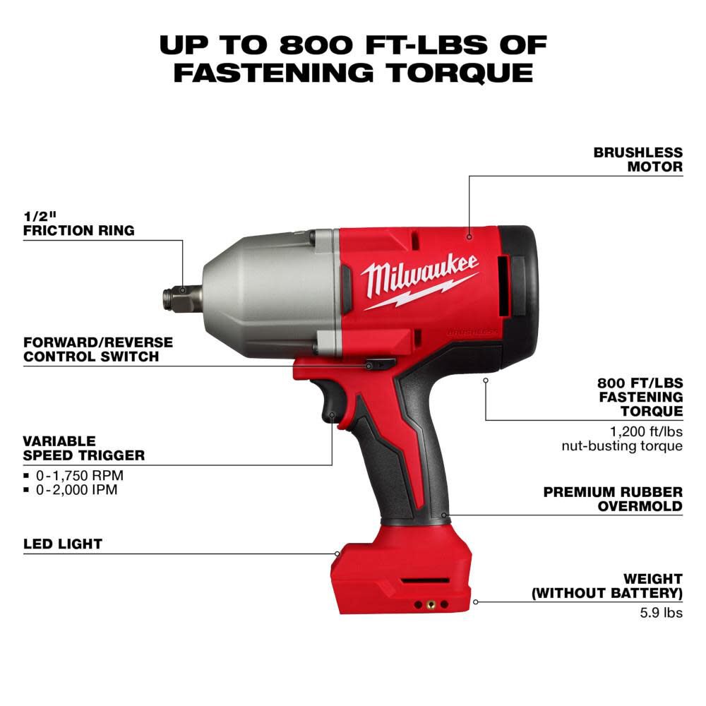 DRL-MILWAUKEE-USA M18™ Brushless 1/2" High Torque Impact Wrench w/ Friction Ring (Bare tool)