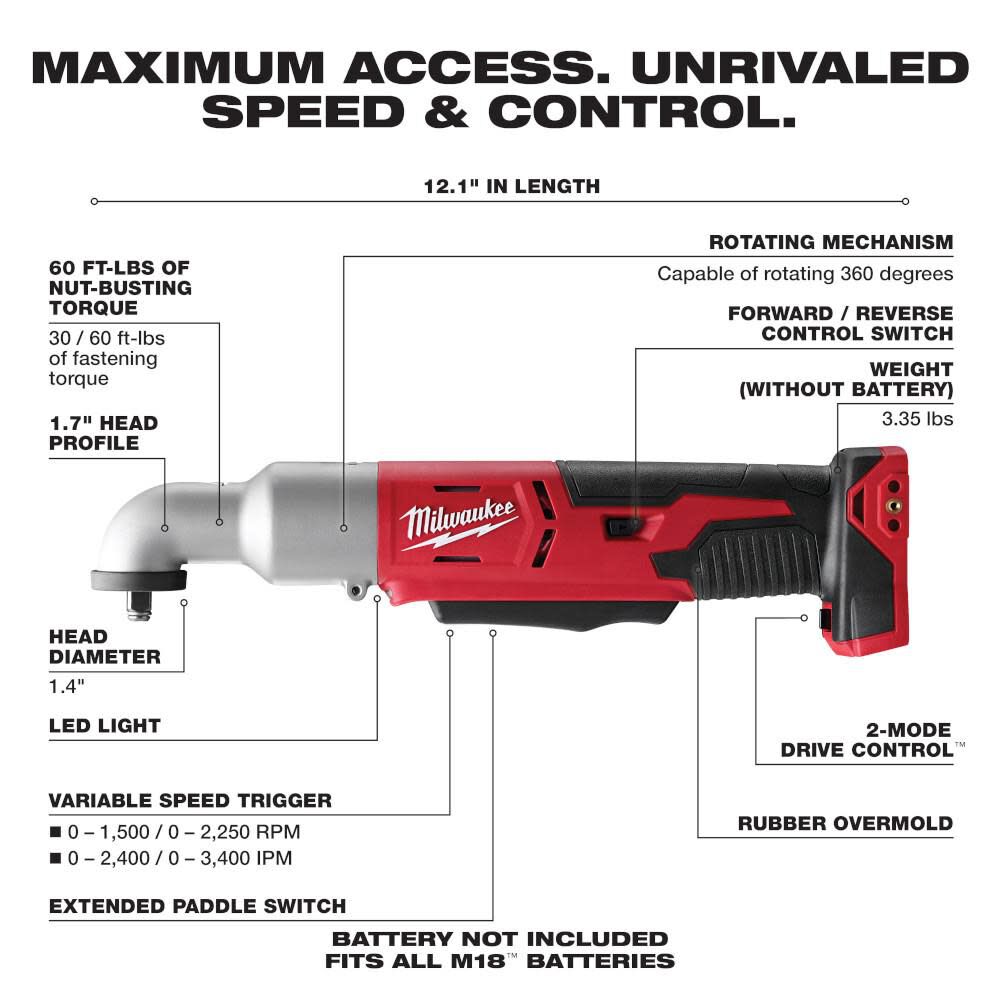 DRL-MILWAUKEE-USA M18™ Cordless 2-Speed 3/8" Right Angle Impact Wrench (Bare tool)