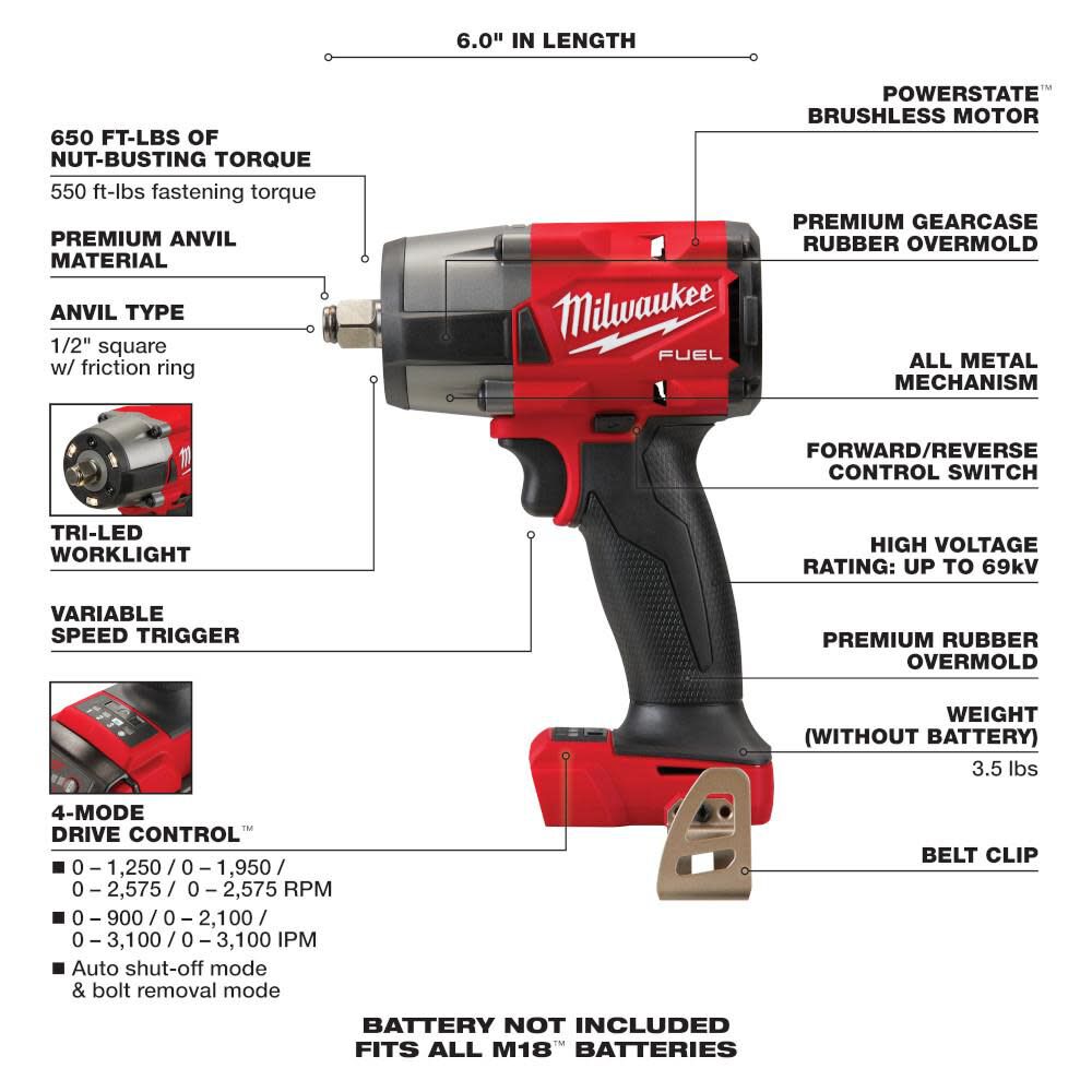 DRL-MILWAUKEE-USA M18 FUEL™ 1/2" Mid-Torque Impact Wrench w/ Friction Ring (Bare tool)