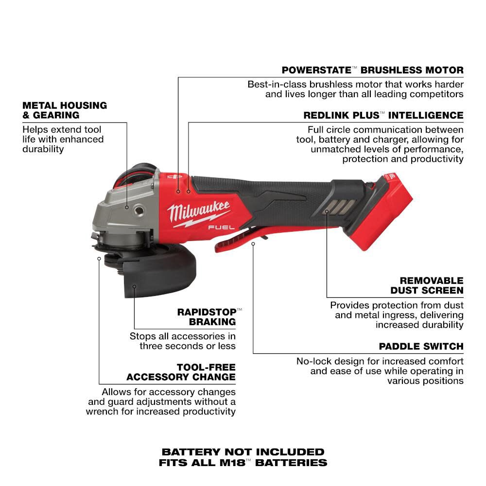 M18 FUEL™ 4-1/2" / 5" Variable Speed Braking Grinder, Paddle Switch No-Lock (Bare tool)