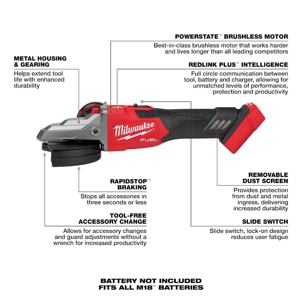 TSD-MILWAUKEE-USA M18 FUEL™ 5" Flathead Braking Grinder, Slide Switch Lock-On (Bare Tool)