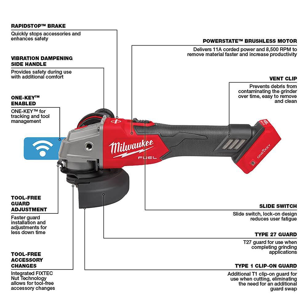 TSD-MILWAUKEE-USA M18 FUEL™ 4-1/2" / 5" Braking Grinder w/ ONE-KEY™ Slide Switch, Lock-On (Bare tool)