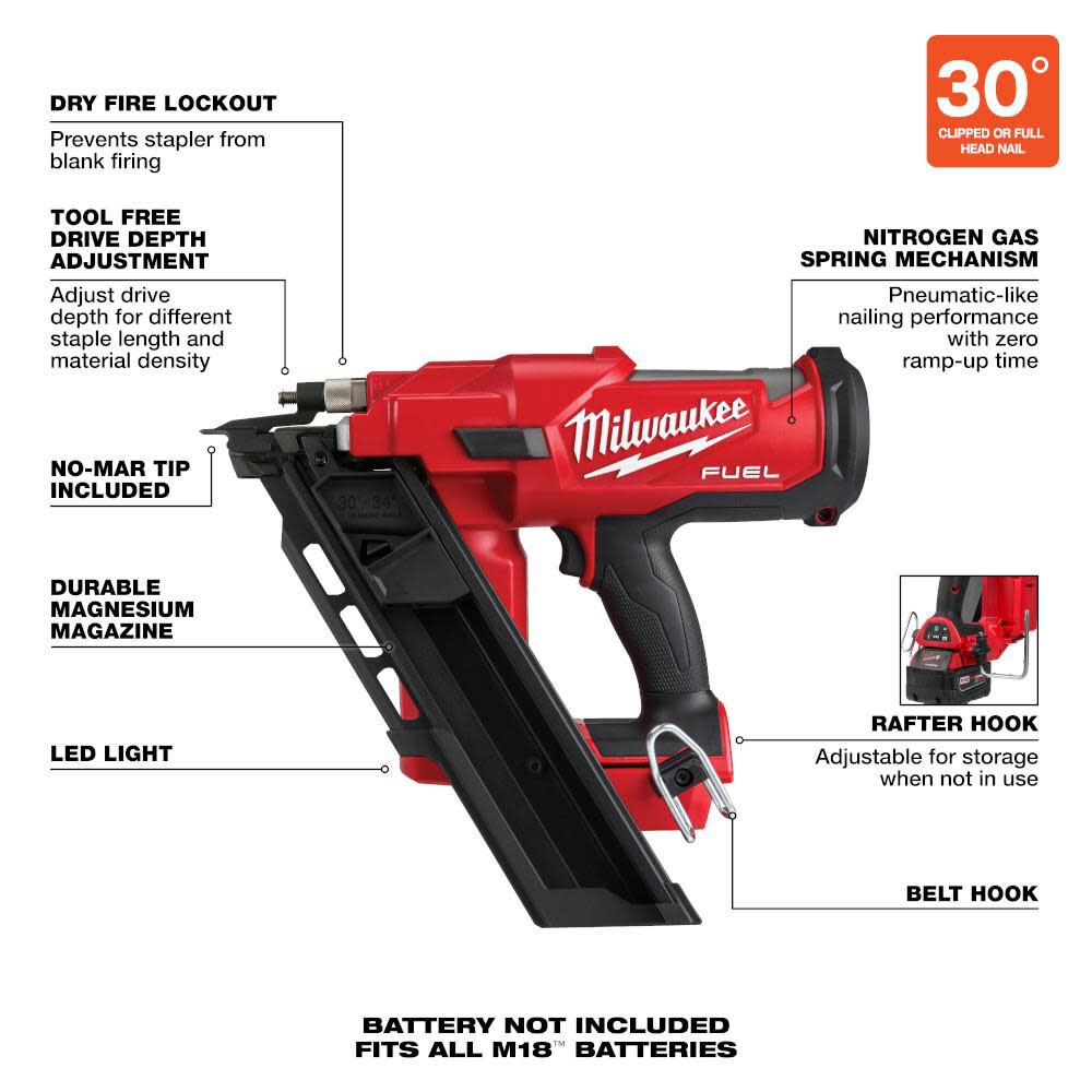 OTE-MILWAUKEE-USA M18 FUEL™ 30 Degree Framing Nailer (Bare tool)